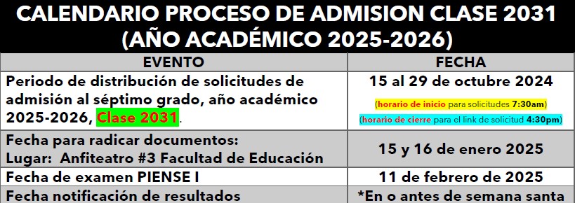 Calendario admisiones 25-26