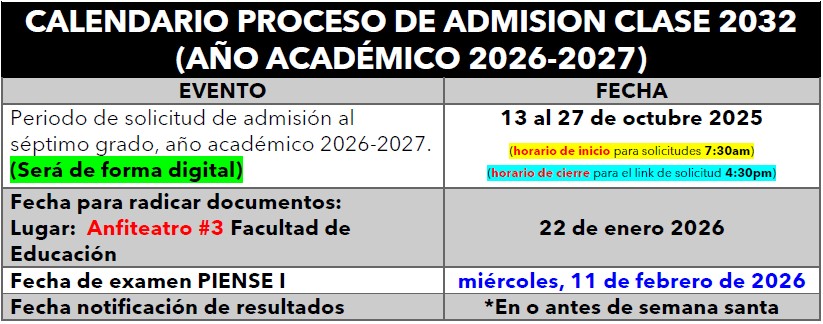 Calendario admisiones Clase 2032